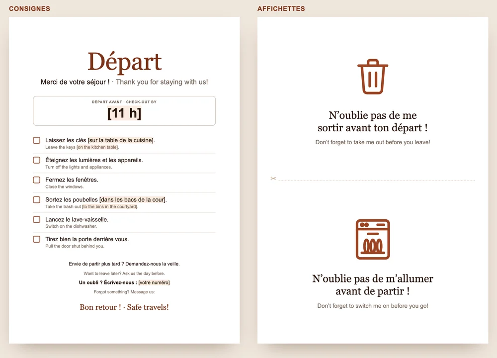 Aperçu du modèle GuestQR : à gauche les consignes de départ avec l’heure et six points, à droite deux affichettes pour la poubelle et le lave-vaisselle