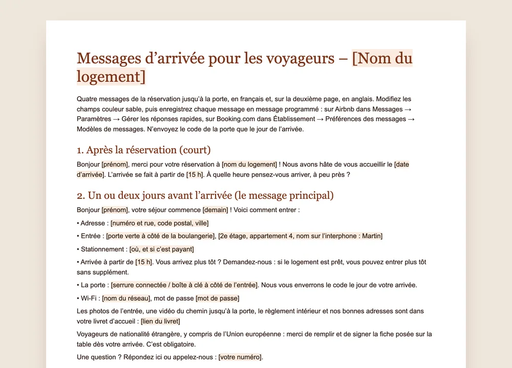 Aperçu du modèle GuestQR : quatre messages pour les voyageurs, de la réservation au code de la porte, avec des champs couleur sable à remplir