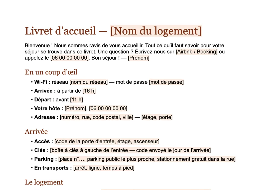 Aperçu du modèle de livret d’accueil GuestQR à remplir dans Word