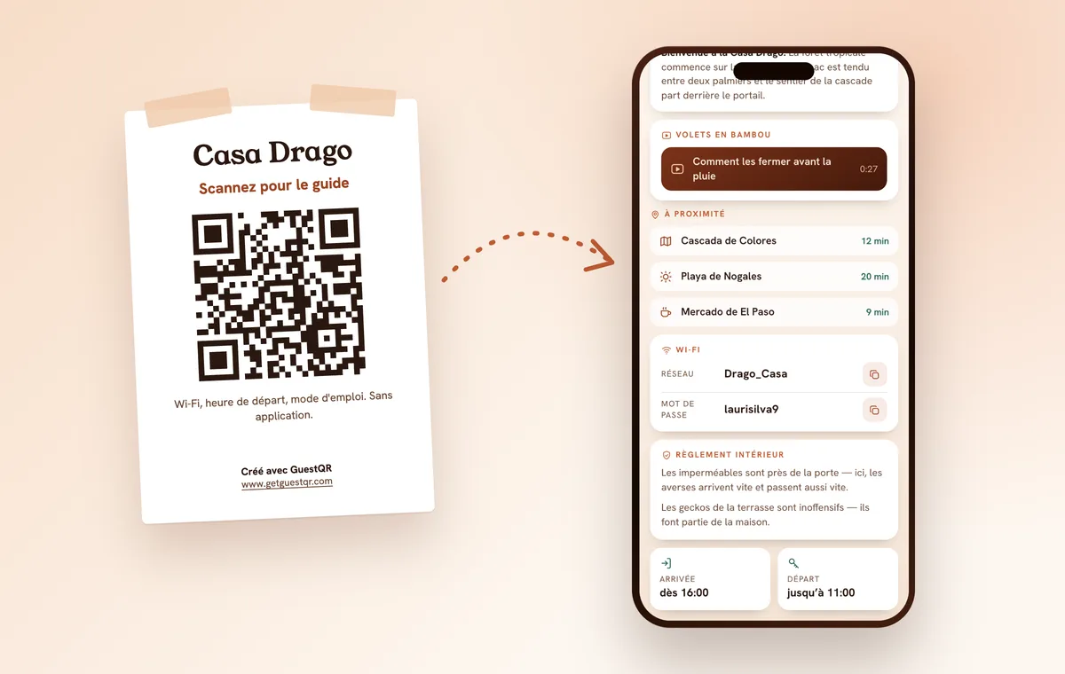 Affiche avec QR code accrochée dans le logement et le même livret ouvert sur le téléphone du voyageur