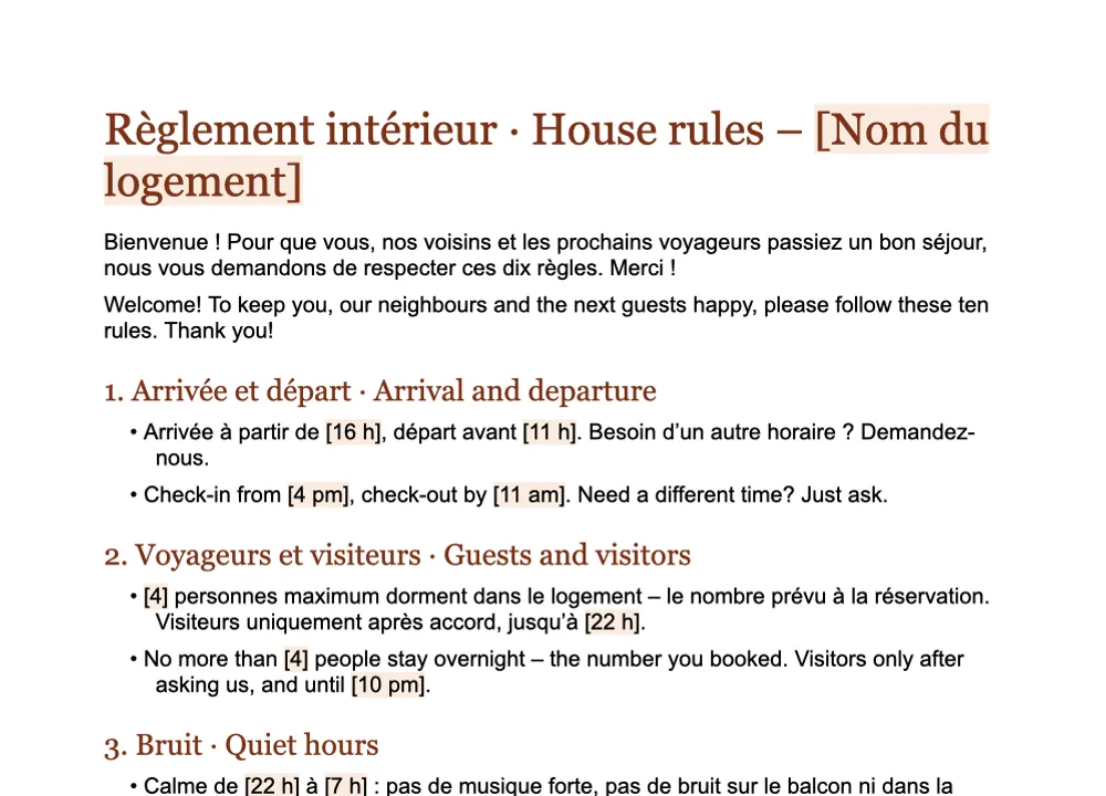 Aperçu du modèle de règlement intérieur pour location saisonnière de GuestQR, en français et en anglais