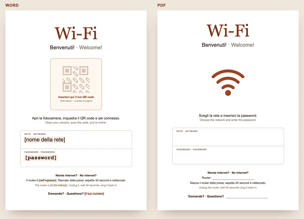 Anteprima del cartello Wi-Fi di GuestQR: a sinistra il modello Word con lo spazio per il QR code, a destra il PDF da compilare a mano