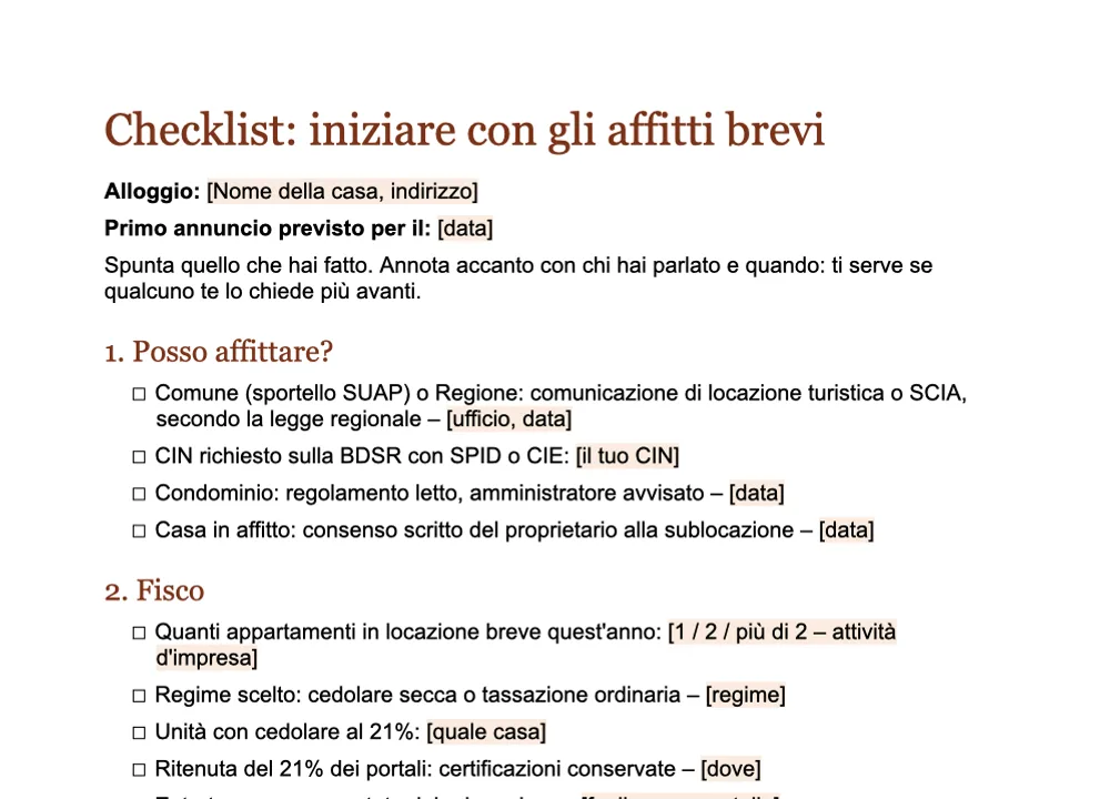 Anteprima della checklist «Iniziare con gli affitti brevi» di GuestQR da spuntare in Word