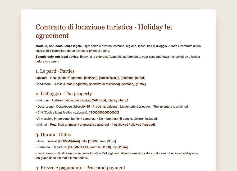 Anteprima del modello di contratto di affitto breve di GuestQR, in italiano e inglese, per Word e PDF