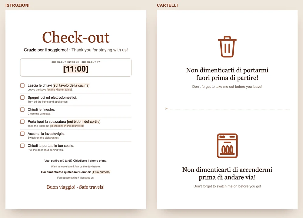 Anteprima del modello GuestQR: a sinistra le istruzioni per il check-out con orario e sei punti, a destra due cartelli per il cestino e la lavastoviglie