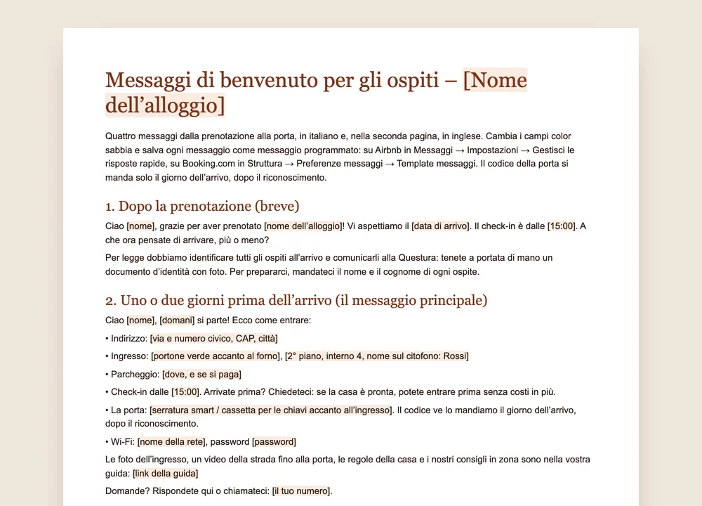 Anteprima del modello GuestQR: quattro messaggi per gli ospiti, dalla prenotazione al codice della porta, con campi color sabbia da compilare