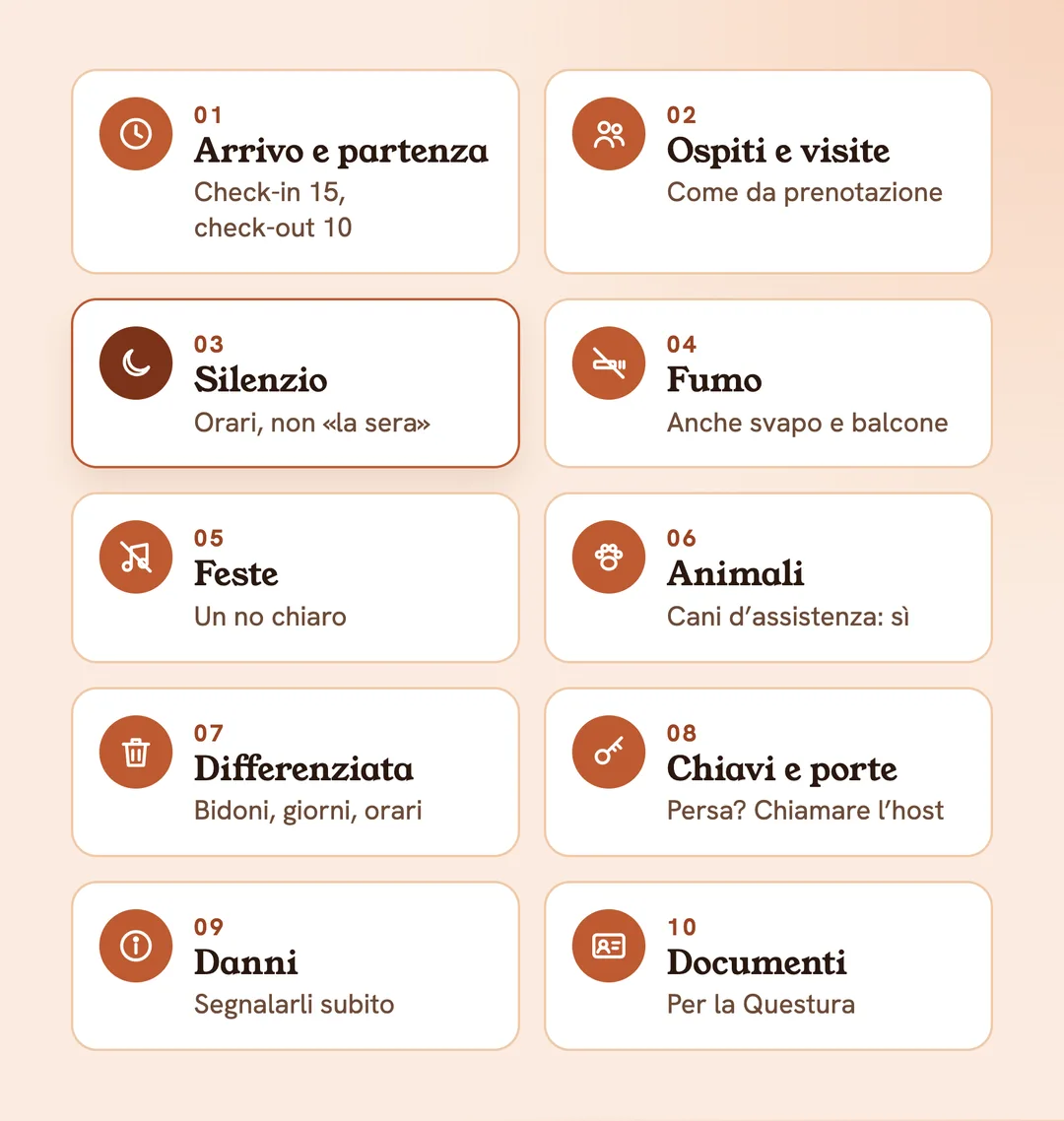 Le 10 regole della casa per Airbnb e casa vacanze: arrivo e partenza, ospiti e visite, silenzio, fumo, feste, animali, raccolta differenziata, chiavi, danni, documenti