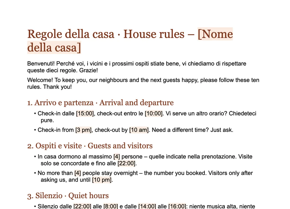 Anteprima del fac simile delle regole della casa di GuestQR in italiano e inglese, modello Word