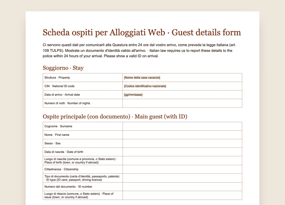 Anteprima del modulo dati ospiti di GuestQR per Alloggiati Web, in italiano e inglese