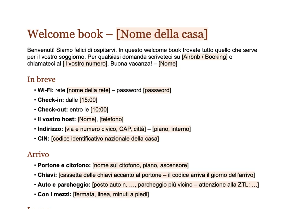 Anteprima del modello di welcome book GuestQR da compilare in Word