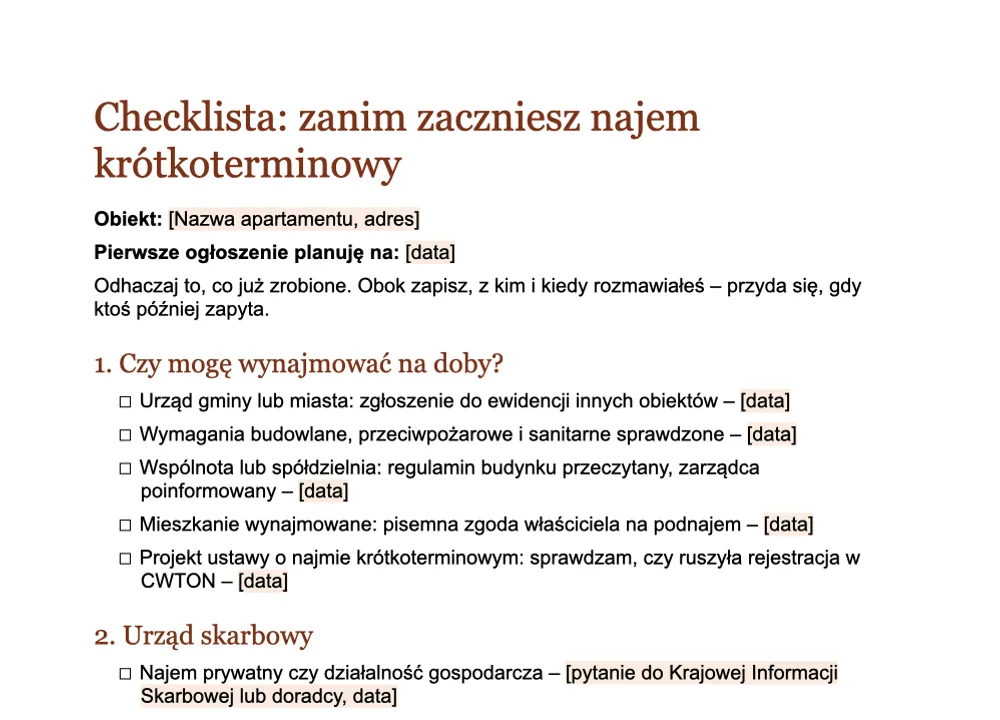 Podgląd checklisty „Zanim zaczniesz najem krótkoterminowy” od GuestQR do odhaczania w Wordzie