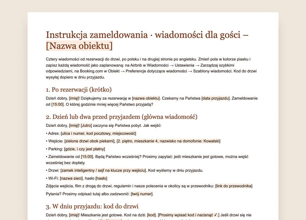 Podgląd wzoru GuestQR: cztery wiadomości dla gości, od rezerwacji do kodu do drzwi, z polami w kolorze piasku do wypełnienia