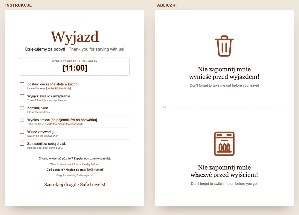 Podgląd wzoru GuestQR: po lewej instrukcje wymeldowania z godziną i sześcioma punktami, po prawej dwie tabliczki na kosz i na zmywarkę