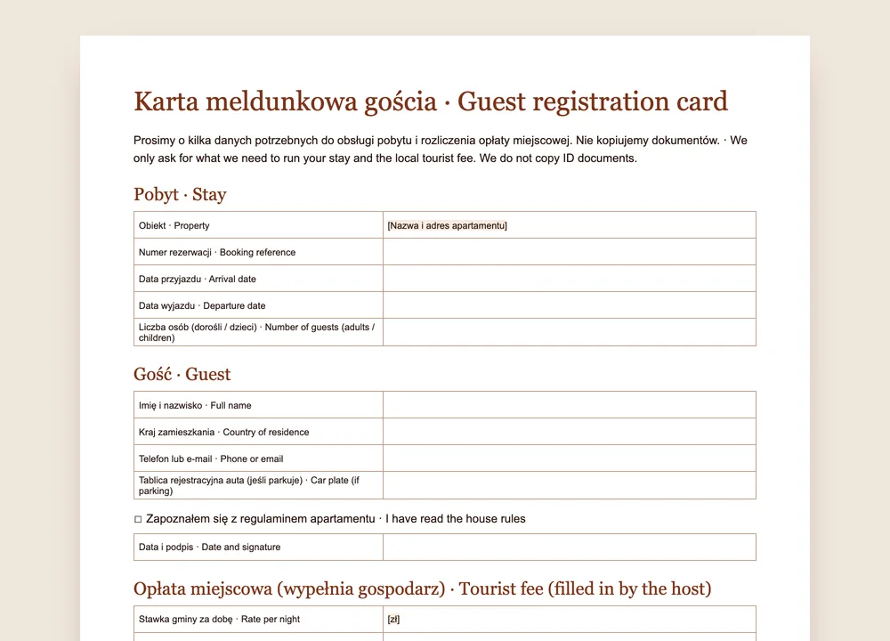 Podgląd wzoru karty meldunkowej GuestQR po polsku i angielsku