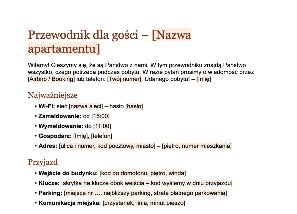 Podgląd wzoru przewodnika dla gości od GuestQR do wypełnienia w Wordzie