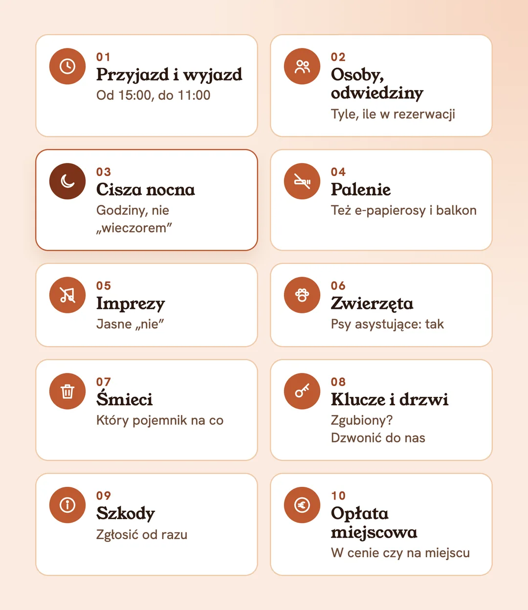 10 zasad regulaminu apartamentu: przyjazd i wyjazd, liczba osób, cisza nocna, palenie, imprezy, zwierzęta, śmieci, klucze, szkody, opłata miejscowa