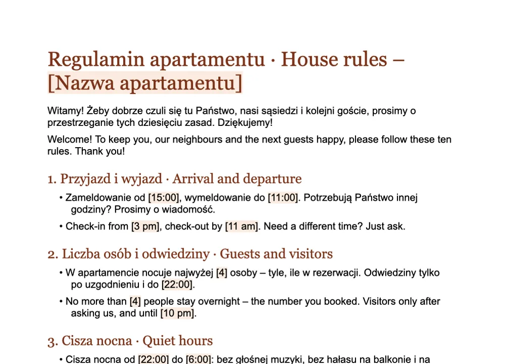 Podgląd wzoru regulaminu apartamentu od GuestQR po polsku i angielsku w Wordzie
