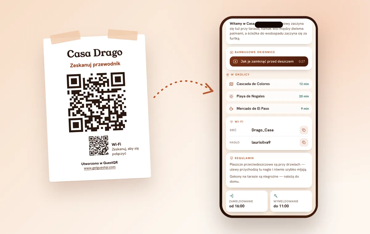 Plakat z kodem QR i małym kodem Wi-Fi na ścianie mieszkania oraz ten sam przewodnik z siecią i hasłem w telefonie gościa