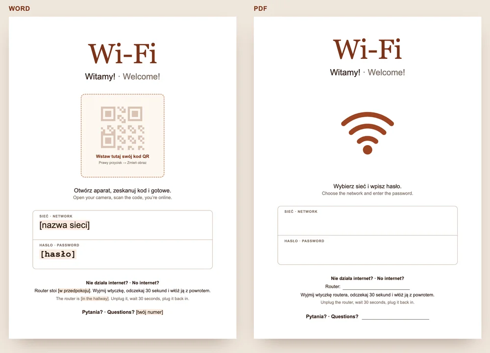 Podgląd tabliczki Wi-Fi od GuestQR: po lewej wzór w Wordzie z miejscem na kod QR, po prawej PDF do wypełnienia ręcznie