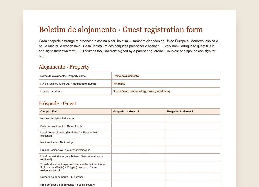 Pré-visualização do modelo de boletim de alojamento da GuestQR em português e inglês