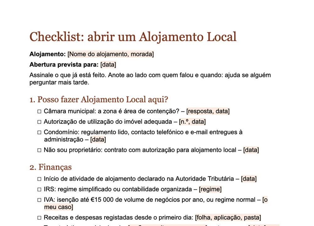 Pré-visualização da checklist «Abrir um Alojamento Local» da GuestQR para assinalar no Word