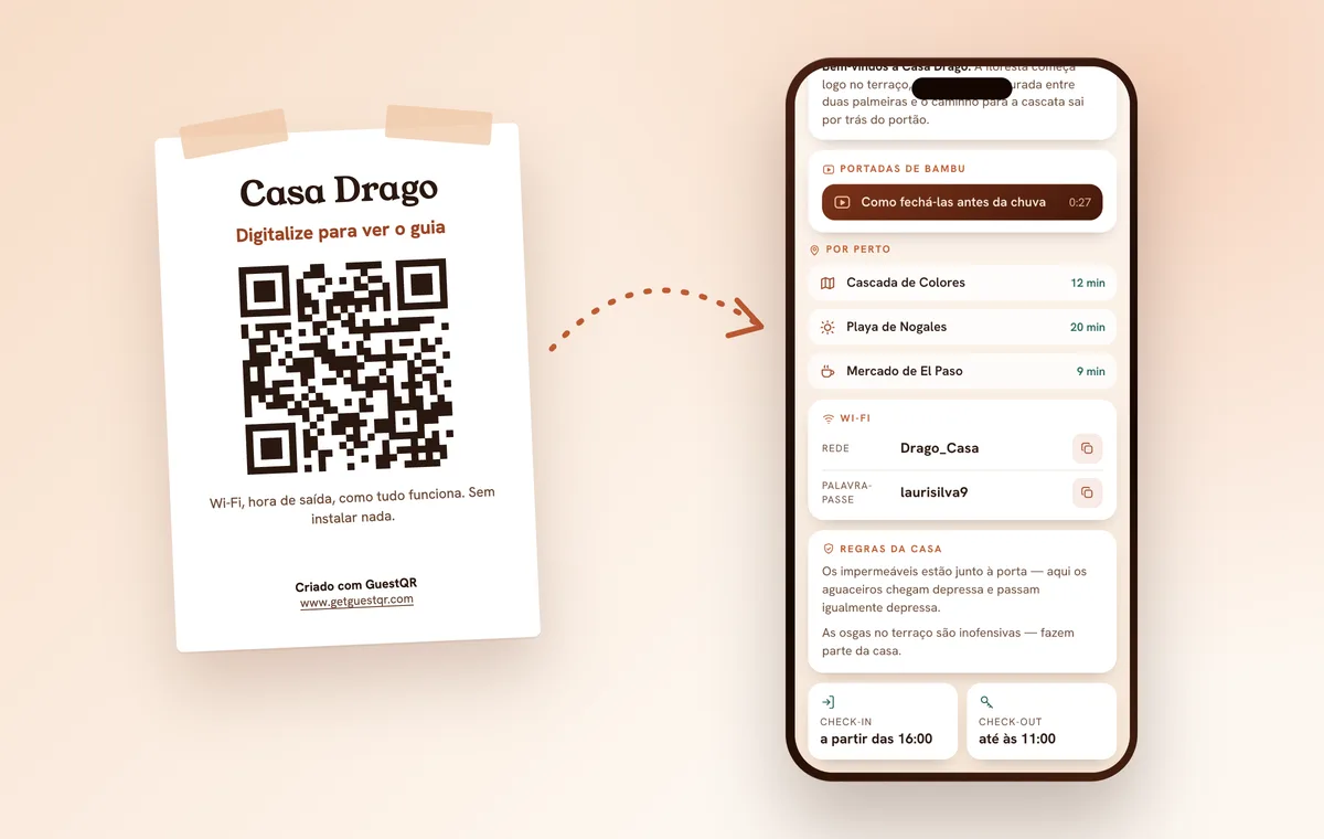 Cartaz QR na parede do alojamento local e o mesmo guia no telemóvel, com as regras da casa