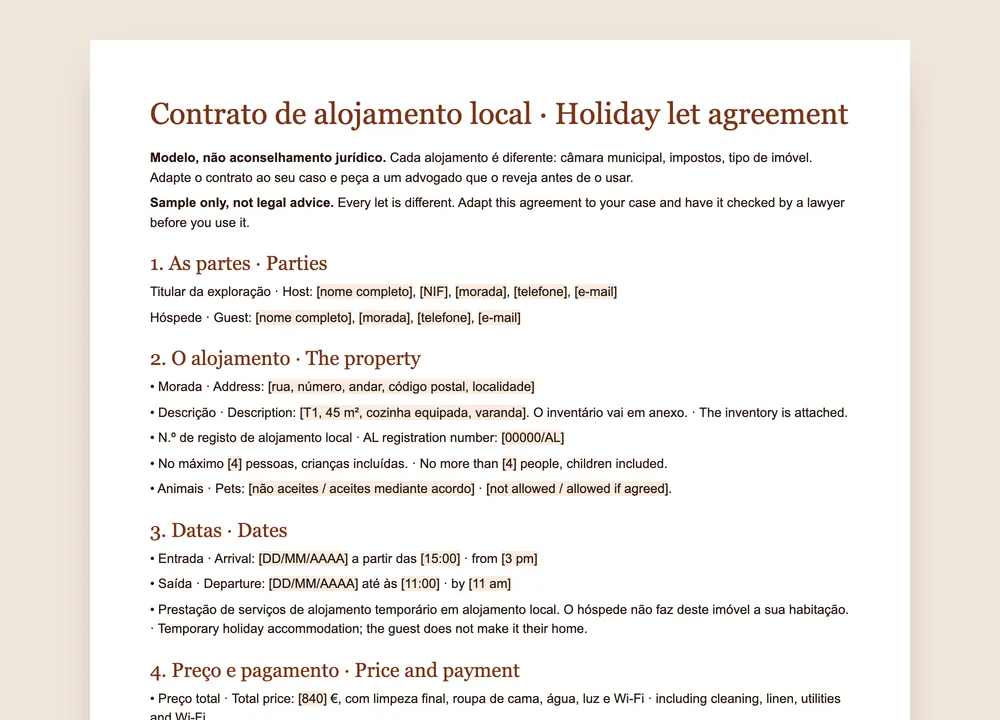 Pré-visualização do modelo de contrato de alojamento local da GuestQR, em português e inglês, para Word e PDF
