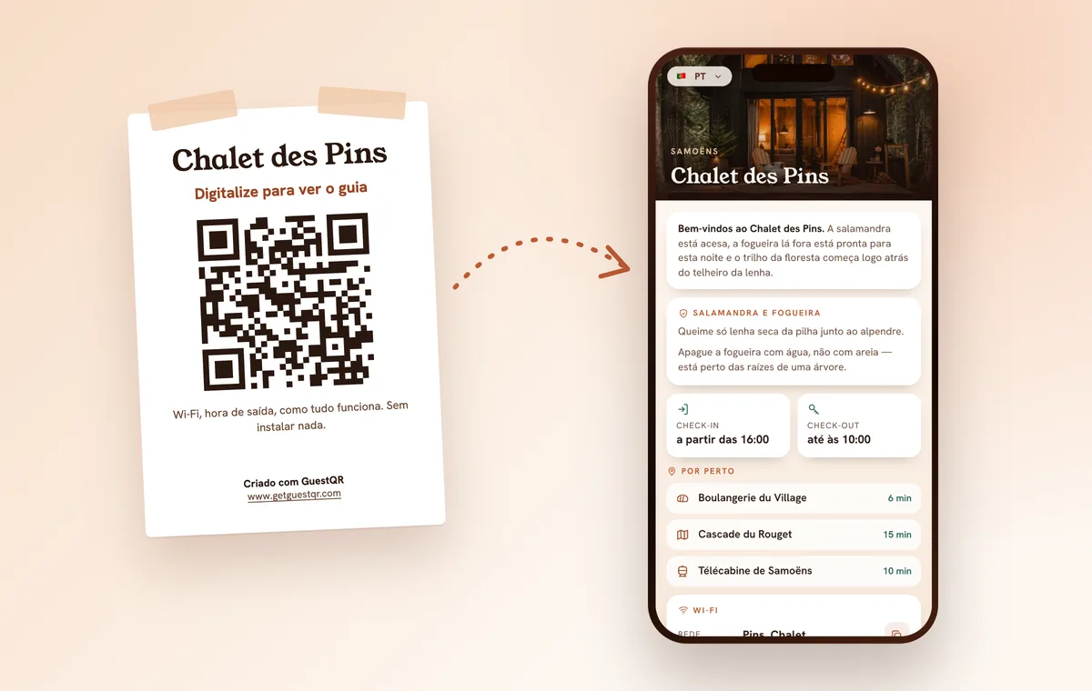 Cartaz QR na parede do alojamento local e o mesmo guia no telemóvel, com a hora de check-in e de check-out
