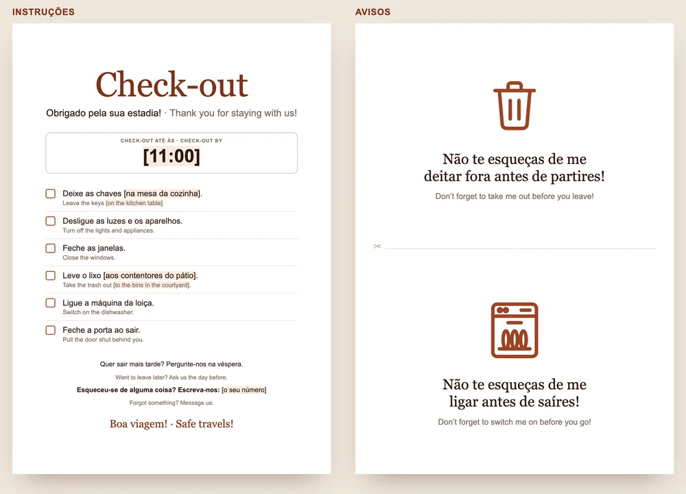 Pré-visualização do modelo GuestQR: à esquerda as instruções de check-out com a hora e seis pontos, à direita dois avisos para o caixote do lixo e a máquina da loiça