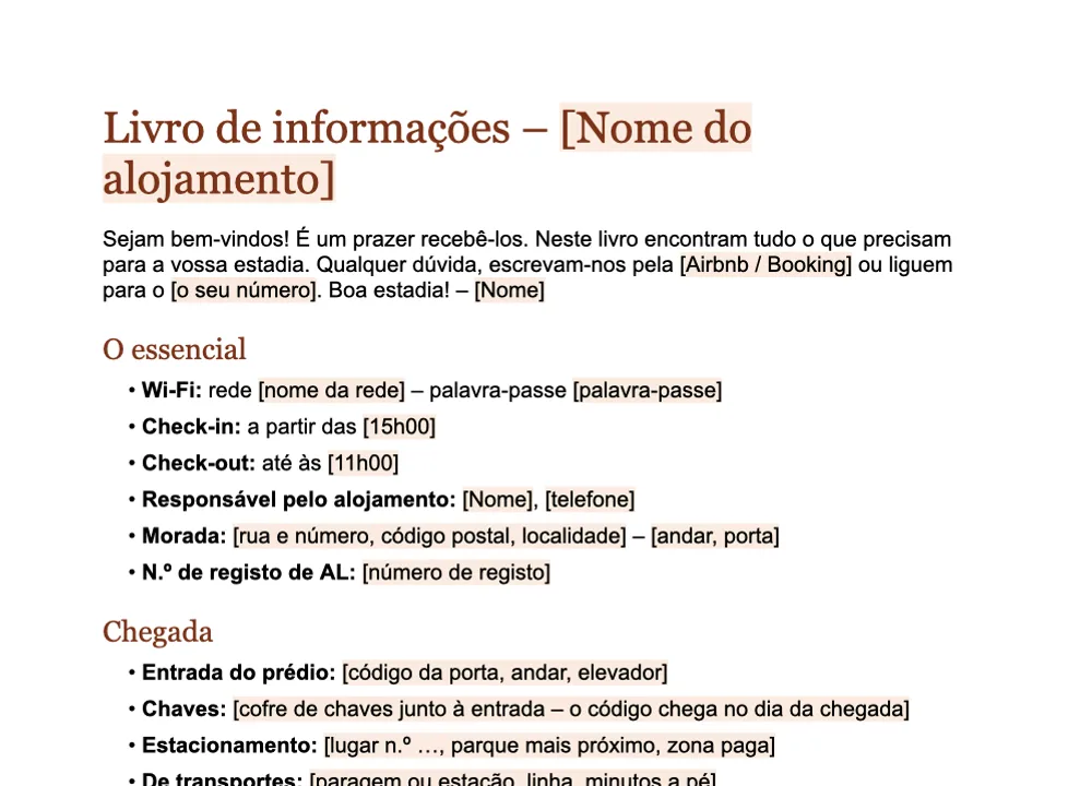 Pré-visualização do modelo de livro de informações da GuestQR para preencher no Word