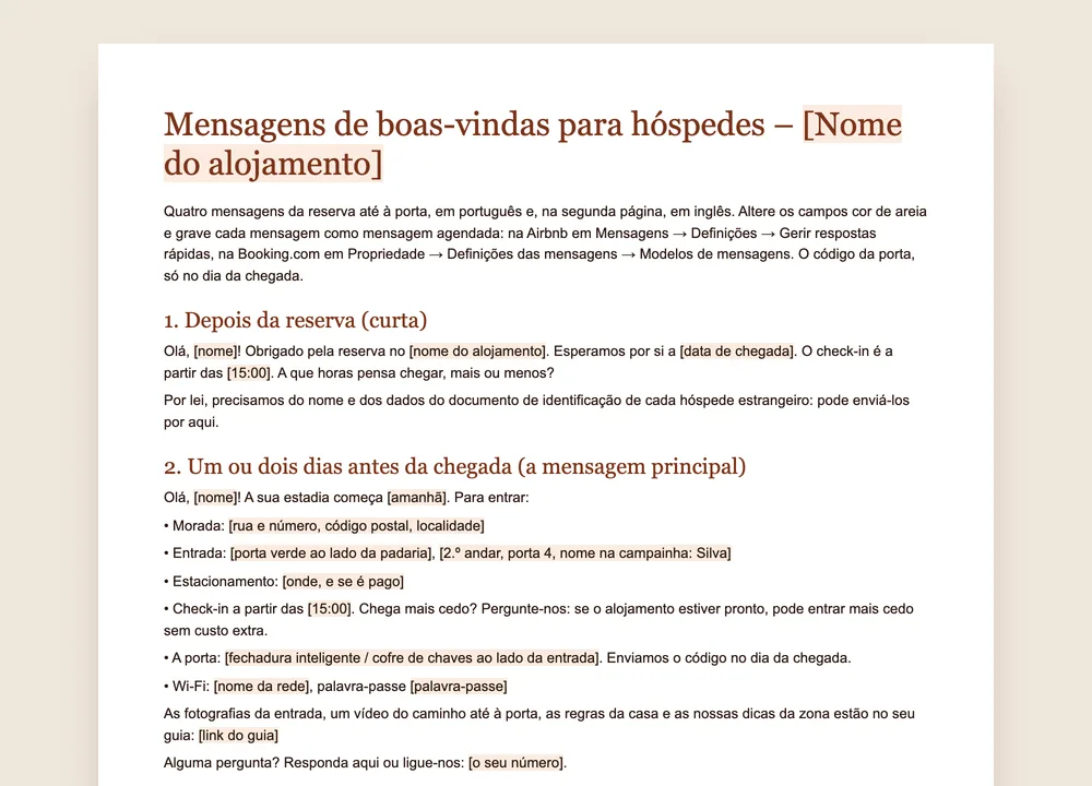 Pré-visualização do modelo GuestQR: quatro mensagens para hóspedes, da reserva ao código da porta, com campos cor de areia para preencher