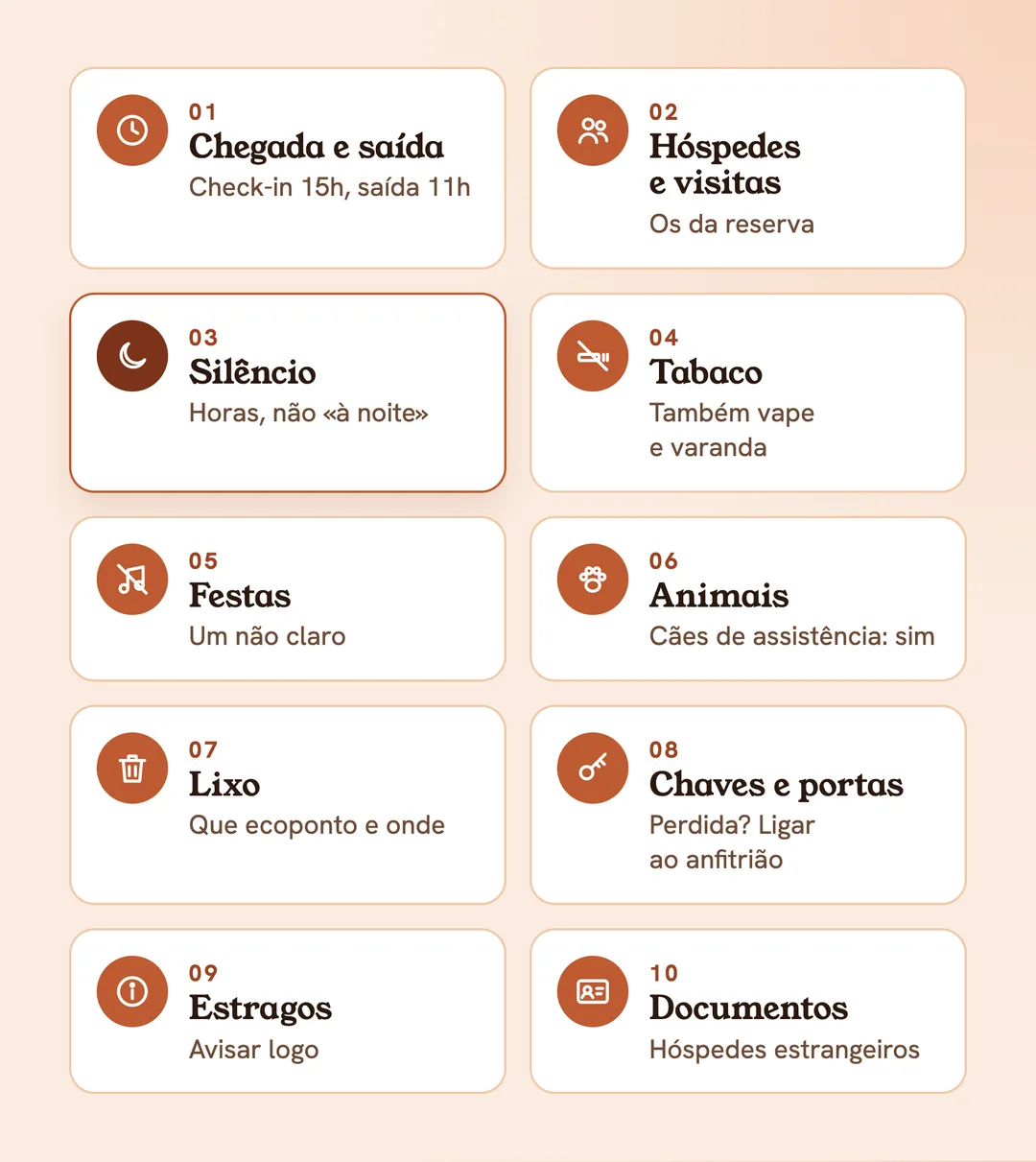 As 10 regras da casa do alojamento local: chegada e saída, hóspedes e visitas, silêncio, tabaco, festas, animais, lixo, chaves, estragos, documentos