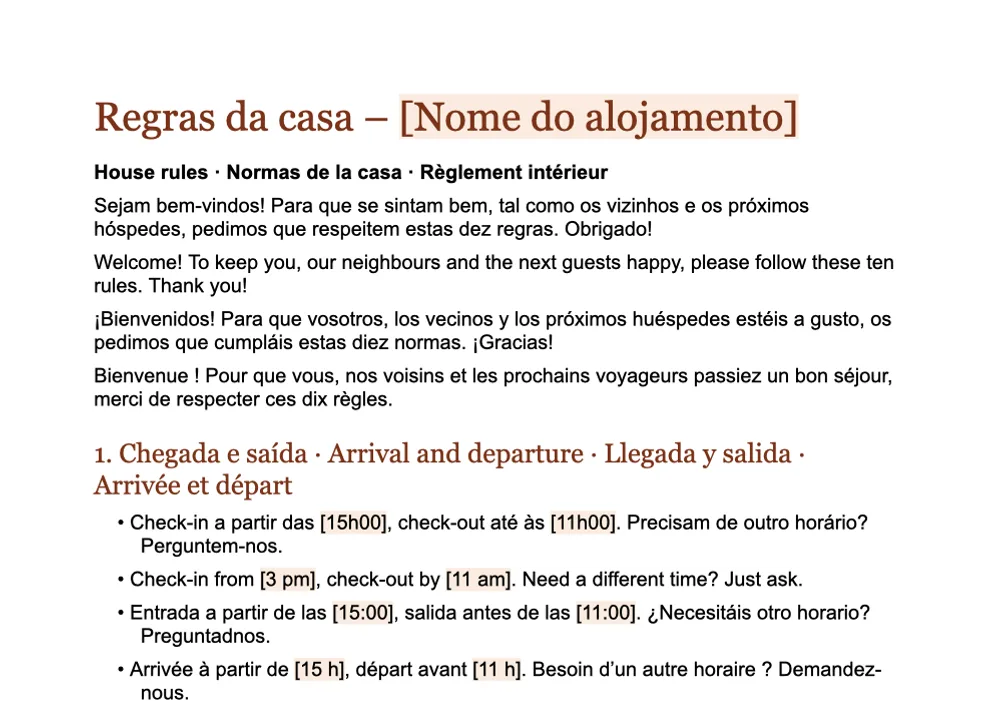 Pré-visualização do modelo de regras da casa da GuestQR em português, inglês, espanhol e francês, em Word
